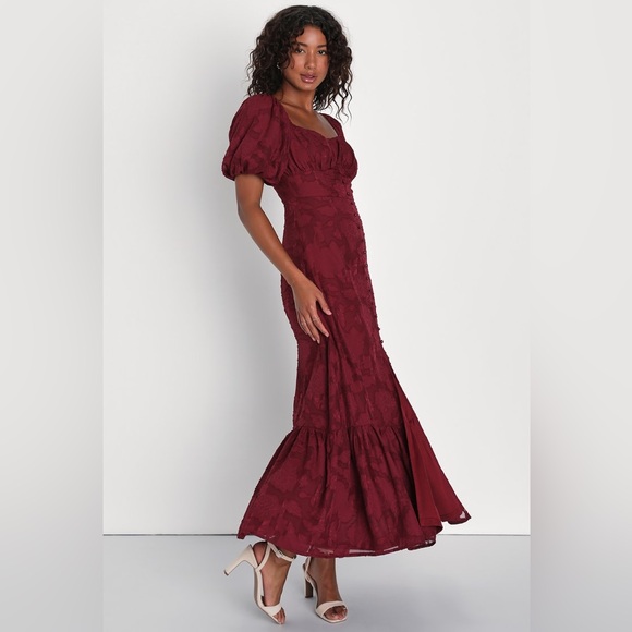 Lulus Everlasting Charm Burgundy Maroon Red Floral Jacquard Midi Dress Small - Picture 2 of 8
